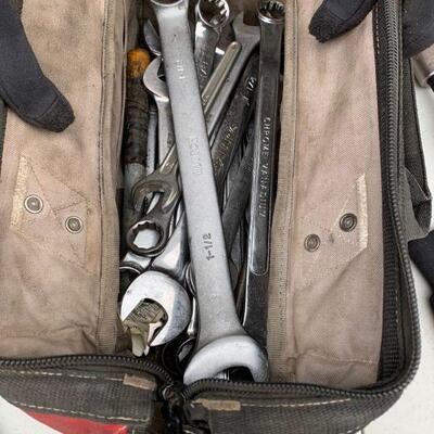 Tool bag full of 22 large open face wrenches 