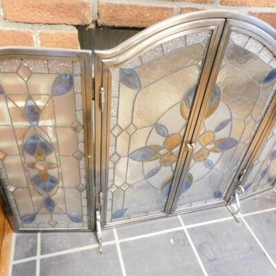 Stained Glass Three Panel Fire Place Screen Double Door Front 34