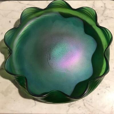 Large Iridescent Green - Carnival Glass Flat Bowl