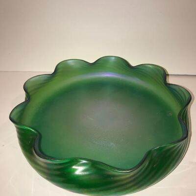 Large Iridescent Green - Carnival Glass Flat Bowl