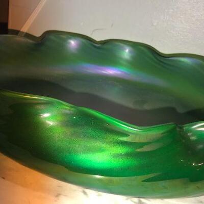 Large Iridescent Green - Carnival Glass Flat Bowl