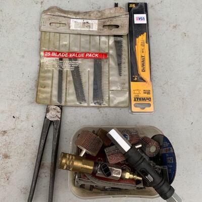 Tool lot, Blue-point YA808 hog ring pliers, box of grinder wheels, saw blades