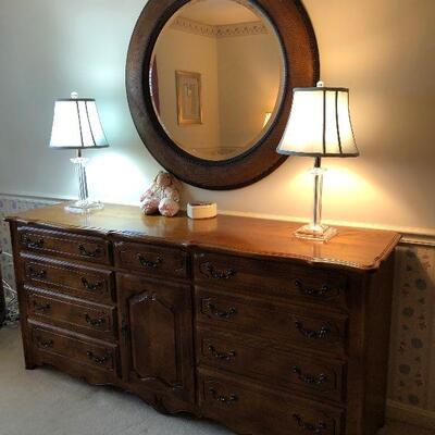 Lot 29 - Ethan Allen Long Dresser, Mirror and Crystal Lamps