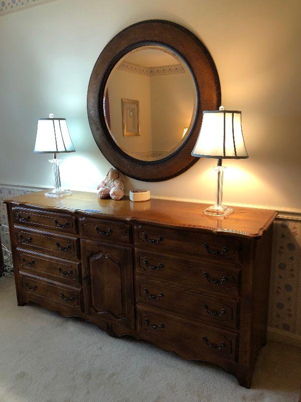 Lot 29 Ethan Allen Long Dresser, Mirror and Crystal Lamps
