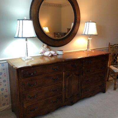 Lot 29 - Ethan Allen Long Dresser, Mirror and Crystal Lamps