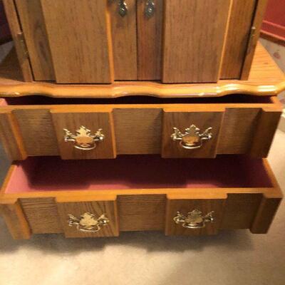 Lot 31 - Large Standing Oak Jewelry Chest w/Wall Art, Mirrors and Vanity Items