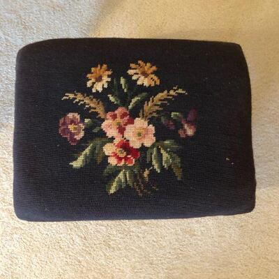 Lot 32- Vintage Embroidered Footstools and Bamboo Chair