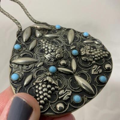.45. VINTAGE | Silver-Tone and Turquoise | Hand Mirror