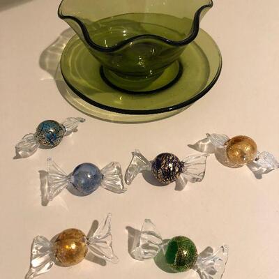 Lot 60 - Vintage Glass Bowl, Plate w/Hand Blown Murano Glass Candies
