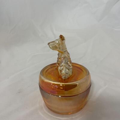 .57. VINTAGE | Jeanette Marigold Carnival Glass | Scottie Dog Trinket Box