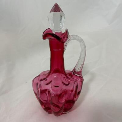 .60. VINTAGE | Cranberry and Clear Glass Cruet
