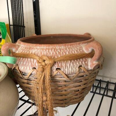 Lot 101 - Cleaning Supplies, Flower Pots and Large Outdoor Trash Can