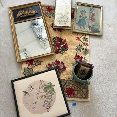 Lot 120 - Rug, Vintage Mirror, Wall Art and Decortive Pot