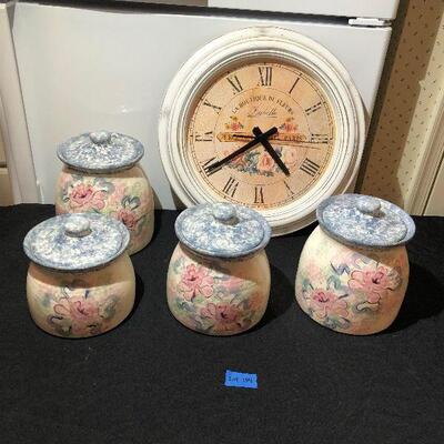 Lot 134 - 4 Piece Kitchen Canister Set and Clock