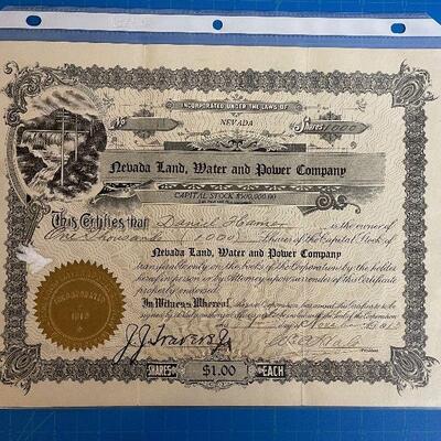 Lot #5 Stock Certificate Nevada Land , Water and Power 