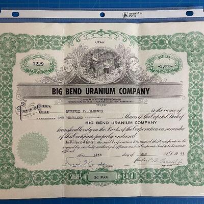 Lot #7 BIG Bend Uranium Company Stock Certificate 