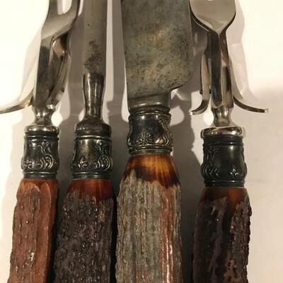 Antique Sterling capped bone handle carving set - 4 pcs.