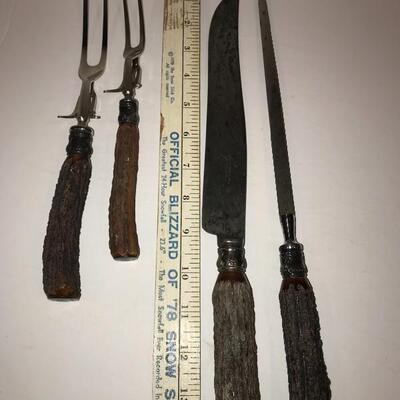 Antique Sterling capped bone handle carving set - 4 pcs.