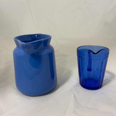 .82. VINTAGE | Two Blue Pitchers | Stoneware | Glass