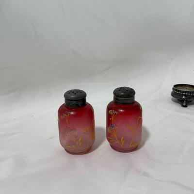 .90. ANTIQUE | Hand Painted | Cranberry Salt & Pepper | Caddy
