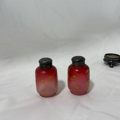 .90. ANTIQUE | Hand Painted | Cranberry Salt & Pepper | Caddy