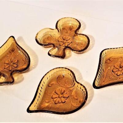 Lot #44  Set of 4 Amber Sandwich Glass Nut/Mint dishes - Card Suits