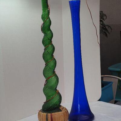 Lot 6, 2 Tall glass, Polish vase and 1966 twisty green Chianti wine bottle with basket