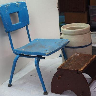 Lot 8 Children's vintage school chair and stool. # 3 vintage large crock