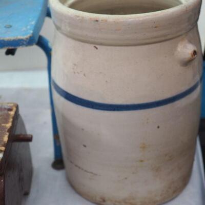 Lot 8 Children's vintage school chair and stool. # 3 vintage large crock