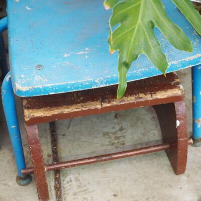 Lot 8 Children's vintage school chair and stool. # 3 vintage large crock