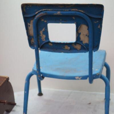 Lot 8 Children's vintage school chair and stool. # 3 vintage large crock