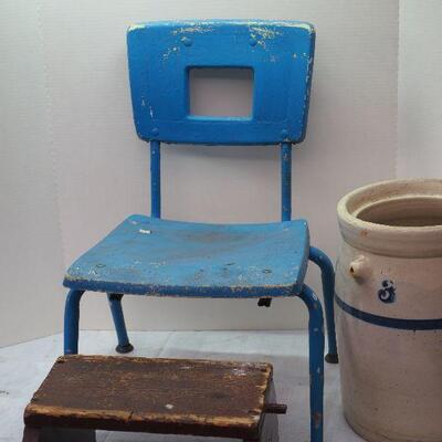 Lot 8 Children's vintage school chair and stool. # 3 vintage large crock