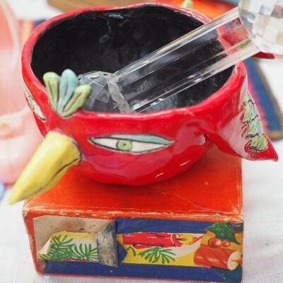 Lot 10 Collectibles lot. Jewelry, Avon, Vintage Christmas, Occupied Japan flower frog ceramic