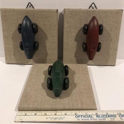 Restoration Hardware Wood Cars on Linen Plaques 