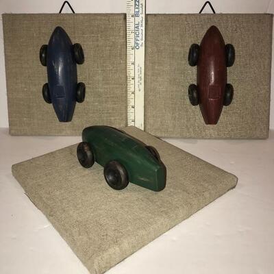 Restoration Hardware Wood Cars on Linen Plaques 