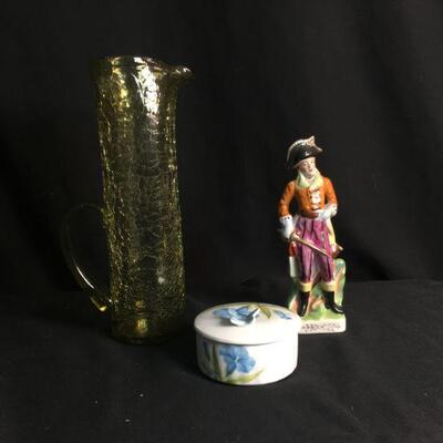 Lot 31: Tall crackle art glass pitcher, butterfly trinket box and figurine