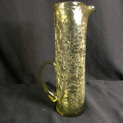 Lot 31: Tall crackle art glass pitcher, butterfly trinket box and figurine