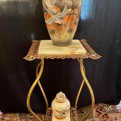 Lot 6: Large ornate Asian Vase, stand, ginger jar and fans