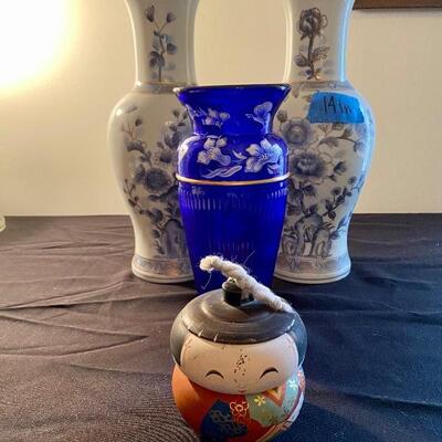 Lot 8: Oriental Vases, kokeshi dolls, Signed Fenton and more