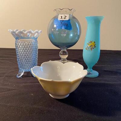 Lot 12: West Virginia bud vase, fenton, head Vase, candy Dishes & more