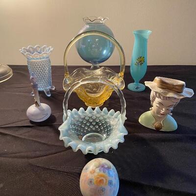 Lot 12: West Virginia bud vase, fenton, head Vase, candy Dishes & more