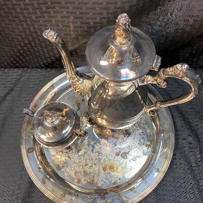 Silverplate Tea Pot Sugar Bowl and Plate Suffolk Silversmith YD#012-1120-00094