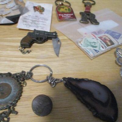 Lot 216 - Acrylic 1977 Penny Paper Weight & Key Chains
