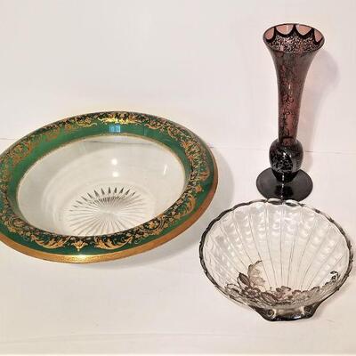 Lot #64  Three Pieces vintage Glass - Bowl, Vase, Shell Dish