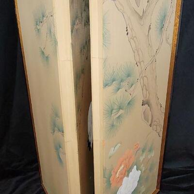 Lot 25: Asian hand painted folding screen with brass accents