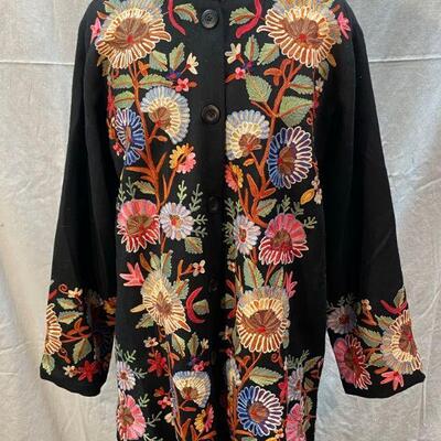 Norm Thompson Black Floral Embroidered Formal Coat Jacket Size Large YD#020-1220-02127