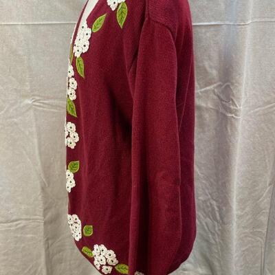 Storybook Knits Zip Front Dark Red with Flowers Sweater Size Large