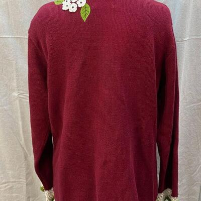 Storybook Knits Zip Front Dark Red with Flowers Sweater Size Large