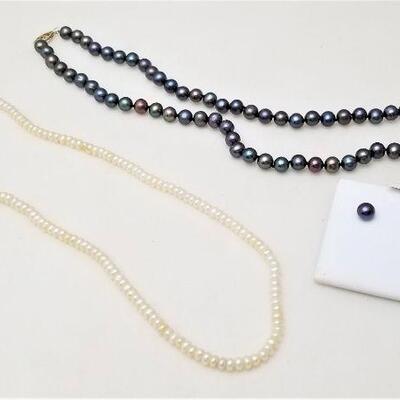 Lot #124  Freshwater Pearls - 2 necklaces, earrings.  14kt gold clasp