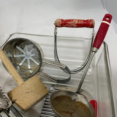 .120. VINTAGE | Red-Handled Kitchen Utensils | Glass Meat Chest Drawer